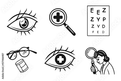 Eye examination and vision test icons isolated on white background