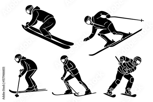 Silhouetted skiers perform downhill stunts isolated on white background