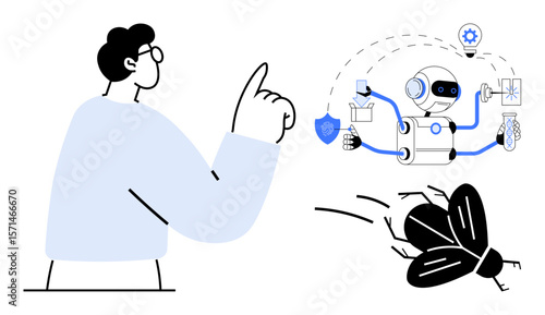 Man gestures towards AI robot performing multiple tasks, including problem-solving and addressing a bug. Ideal for AI development, innovation, multitasking, automation, collaboration, debugging