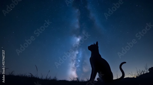 Against a bright starry sky, a silhouette of a cat standing on its paws, tail curled and looking up at the sky where the Milky Way can be seen.