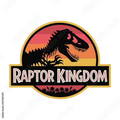 Jurassic Park logo parody with a raptor dinosaur and yellow-orange-red background. Vector illustration.  
