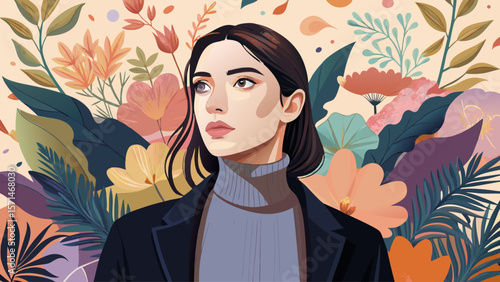 Wearing a sleek black turtleneck beneath a warm cardigan, she gazes gently ahead. The floral backdrop blooms with pastel hues, contrasting elegantly with her calm, confident expression.