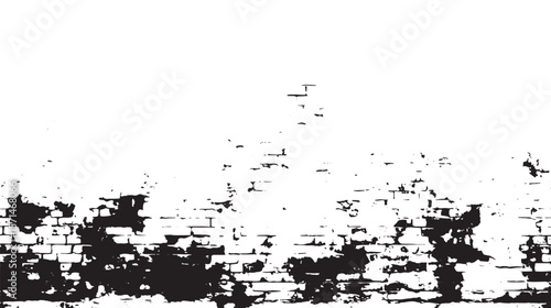 Black and white image of a weathered brick wall with heavy dark staining and a bright white background