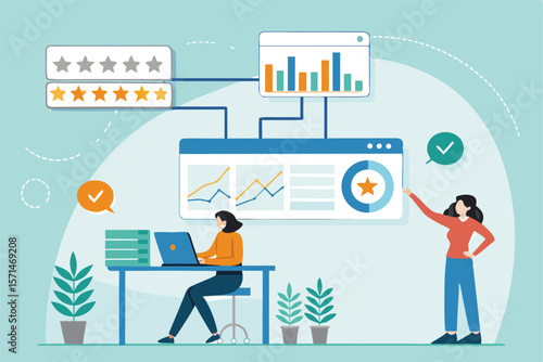 Vector SEO optimization illustration. Search bar, magnifying glass, website analytics. Data-driven success.
