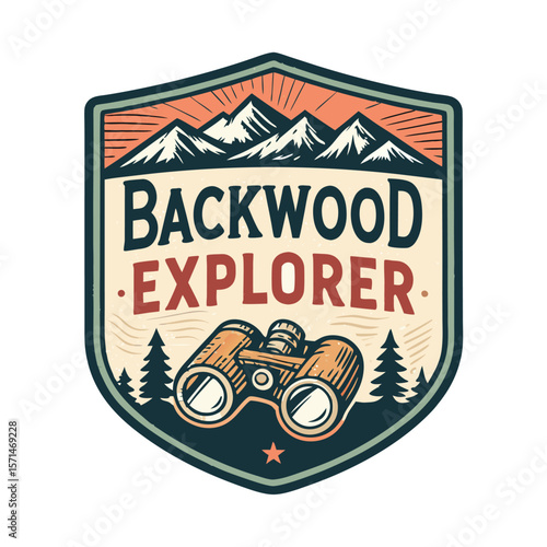 A vintage-style badge for a backwood explorer, featuring binoculars, perfect for nature adventures.