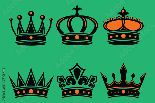 Collection of Stylized Crown Vectors in Black and Orange on Green Background