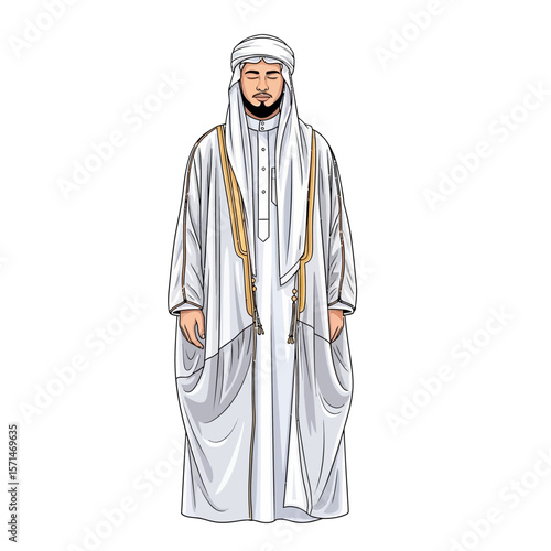 A dignified man in traditional Middle Eastern attire stands serenely.