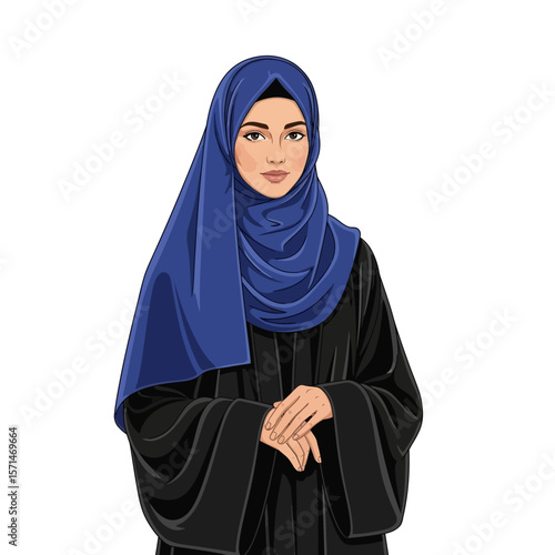 Illustration of a woman wearing a blue hijab and a black abaya, standing against a white background.