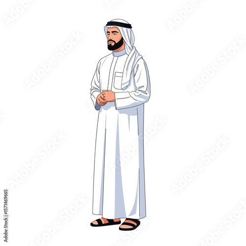 A man in traditional Arab clothing, a white thobe and headscarf, stands with his hands clasped.