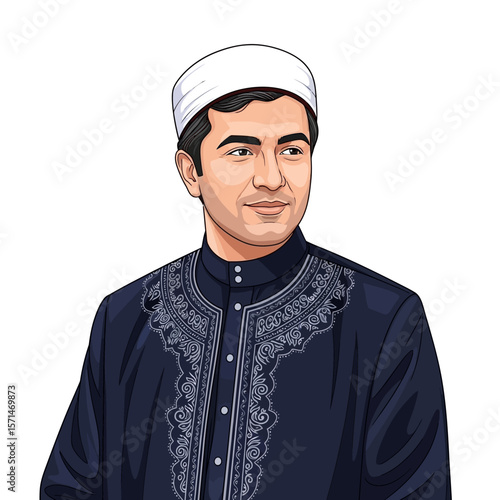 A man wearing a traditional Muslim cap and embroidered shirt looks to the side in a vector illustration.