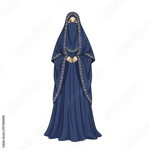Elegant woman in a flowing, dark blue niqab and abaya, adorned with silver detailing, stands gracefully.