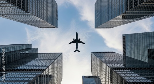 Commercial airplane flying overhead between tall glass skyscrapers in modern financial district. Urban aviation and business travel concept from low angle view.
