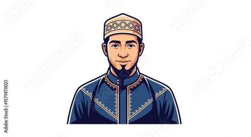 Cartoon illustration of a man in traditional Muslim attire, featuring a detailed head covering and patterned clothing.