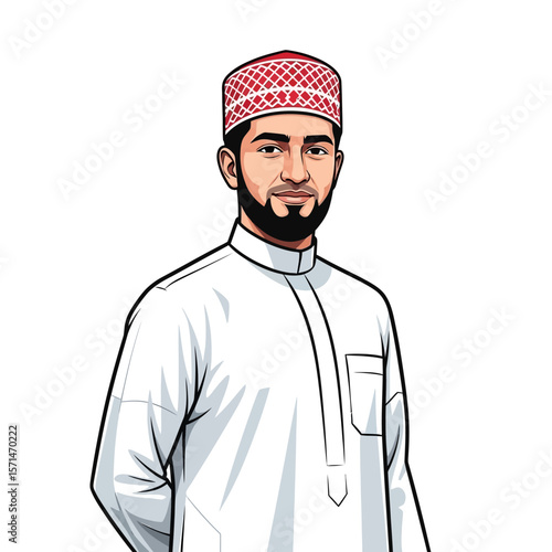 Cartoon portrait of a man in traditional Arab clothing, featuring a red cap and white robe.