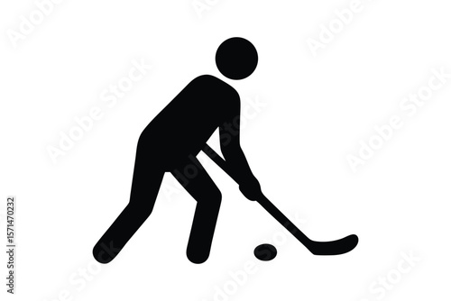 A silhouetted figure of a hockey player in a dynamic pose, bending forward while gripping a hockey stick. The player is poised to hit a puck on the ground, with one leg extended and the other slightly