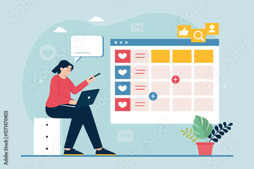 Vector art social media manager posting daily content, laptop, desk, coffee, modern office.