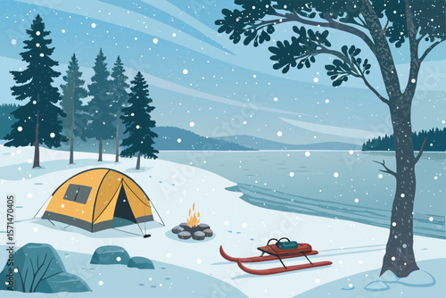 Vector art snowy campsite scene with tent, campfire, winter gear. Gently falling snow.