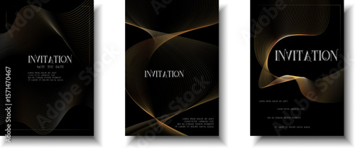 Luxury golden invitation card background, Premium geometric wave  gold line gradient frame typography design. Elegant Template for advertising, gala card, grand opening, party invitation, layout.