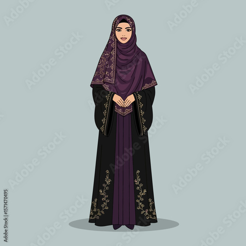 Elegant woman in a richly embroidered abaya and hijab.