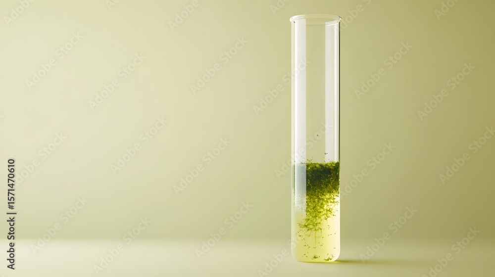 A clear glass test tube contains a bright green liquid and sediment against a light green background wall. A clear glass test tube contains a bright green liquid and sediment against a light green background wall.