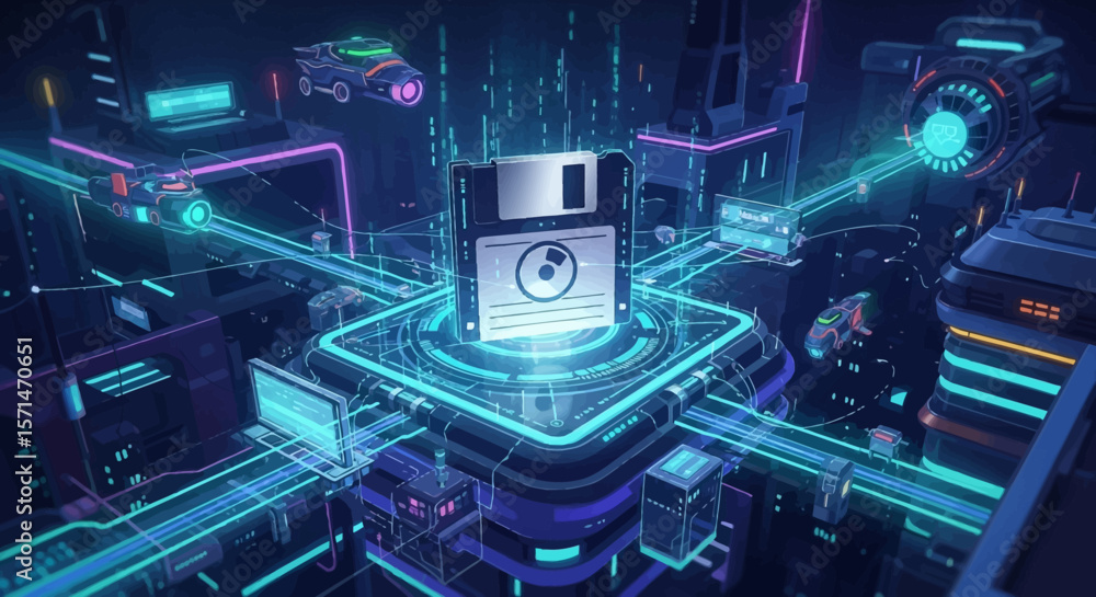 Fototapeta premium Retro-futuristic digital cityscape centered around a glowing floppy disk, showcasing interconnected technology and nostalgic computing elements.