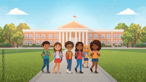 A group of diverse students walking towards a school building on a sunny day with backpacks on their backs