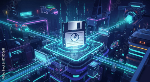 Retro-futuristic digital cityscape centered around a glowing floppy disk, showcasing interconnected technology and nostalgic computing elements.