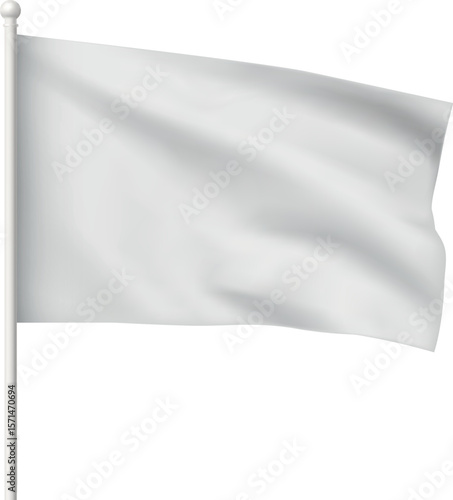 Realistic white flag template on flagpole, vector 3d illustration.