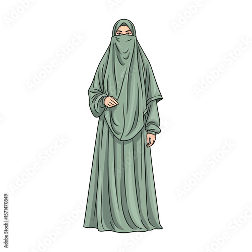 A digitally illustrated woman stands wearing a modest, light green niqab and dress.