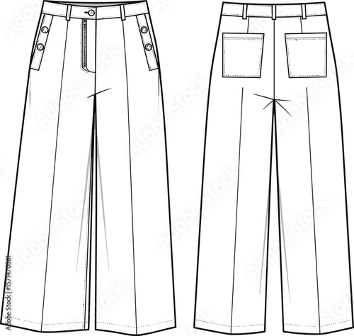 Technical Drawing of Wide-Leg Pants with Pockets and Belt Loops, Front and Back View for Fashion Design and Apparel Sketches