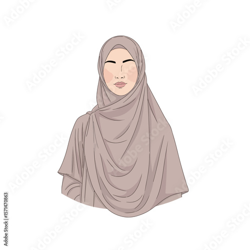 Elegant illustration of a woman wearing a light beige hijab, showcasing a serene and modest style.