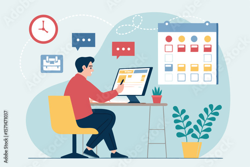 Vector social media manager, posting daily content online. Laptop, desk, icons, busy, focused.