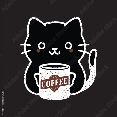 A cute cat holding a cup of coffee in a playful and charming design, ideal for cat lovers and coffee enthusiasts, vector illustration.
