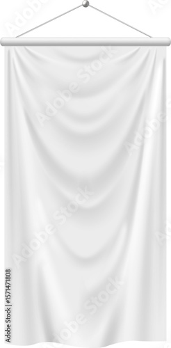 Blank of white long pennant flag banner, vector fabric canvas hanging on strings, realistic textile vertical banner