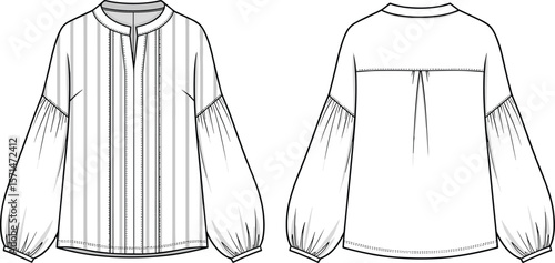 Striped blouse sketch, round neckline with slit, puffed long sleeves, gathered cuffs, back yoke with pleat, fashion illustration design