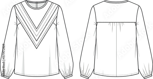 Long-sleeve blouse sketch, front and back view, round neckline, gathered cuffs, layered V-panel detail, fashion illustration, garment design drawing