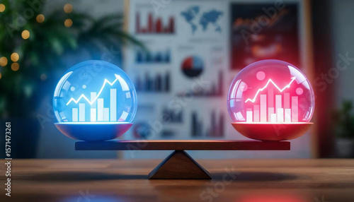 Two glowing spheres with financial graphs inside balance on a seesaw, representing comparison and equilibrium in data or market analysis.