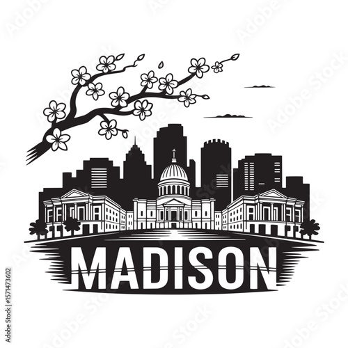 A minimalistic city skyline of Madison, ideal for city lovers and urban-themed apparel, vector illustration.