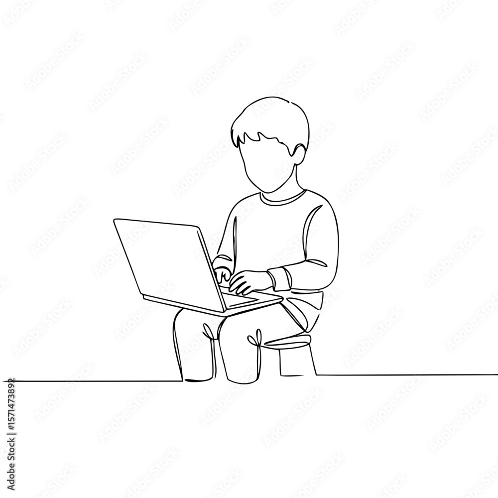 Young boy sitting while using a laptop at home in minimalist style Young boy sitting while using a laptop at home in minimalist style