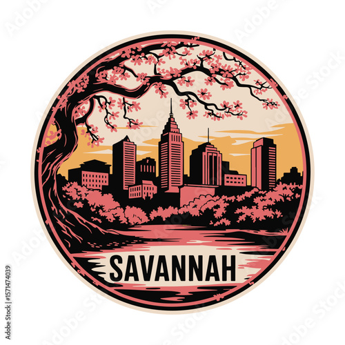 A sunset view of the Savannah city skyline with trees, blending urban and nature for a peaceful vibe, vector illustration