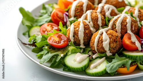 Wallpaper Mural spread of fresh salad and golden, crispy cheese balls arranged on a clean white plate Torontodigital.ca