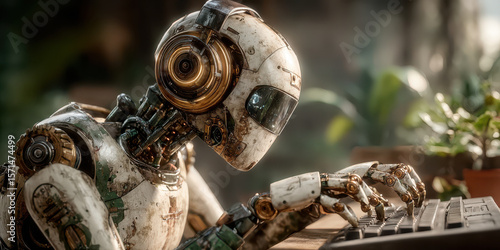 Humanoid robot with weathered metallic body typing on keyboard in softly lit indoor setting, showing focus and precision