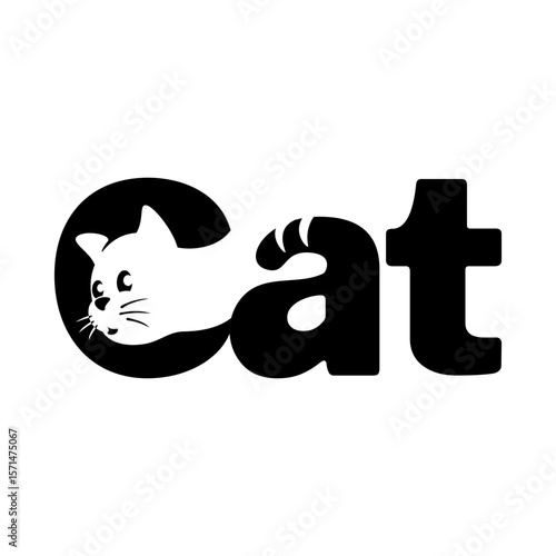 minimalist cat wordmark logo with negative space cat head, vector monogram illustration, work of hand drawn