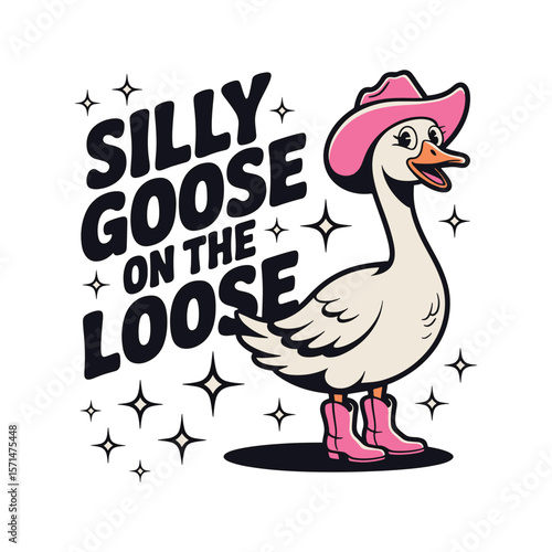 A playful design with a goose wearing boots and the phrase "Silly Goose on the Loose", perfect for fun, quirky apparel, vector illustration.