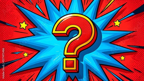 Red comic book background with large question mark.
