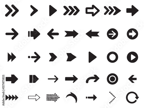 Collection of diverse black and white arrow icons representing direction movement and navigation on a clean background