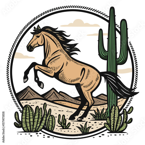 A wild horse stands majestically amidst a desert landscape, framed by towering cacti.