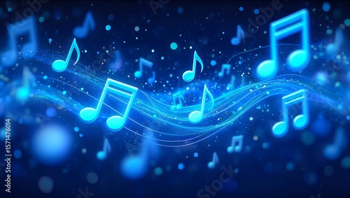 Glowing blue musical notes on a dark background with soft bokeh effects, ideal for music-related projects and creative text placements.