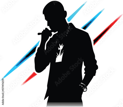 Black Silhouette Man Singing Microphone Red Blue Lines Background Abstract Music Concert Performance