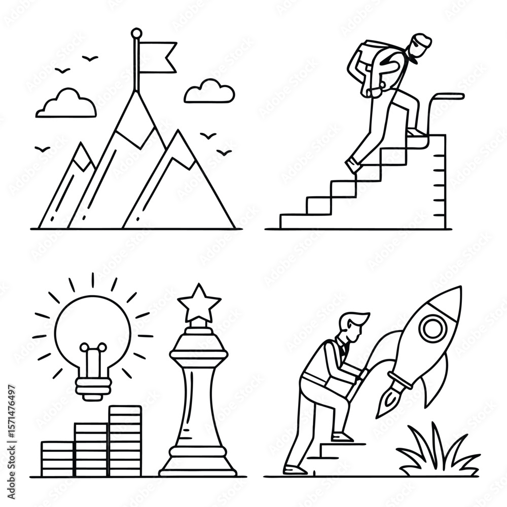 Fototapeta premium Mountain peak climber lightbulb trophy rocket launch flag clouds